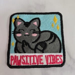 Puede incluir: Parche bordado con un gato gris con detalles rosas, sobre un fondo azul claro con destellos amarillos. El parche lleva la inscripción "PAWSITIVE VIBES" en letras rosas.