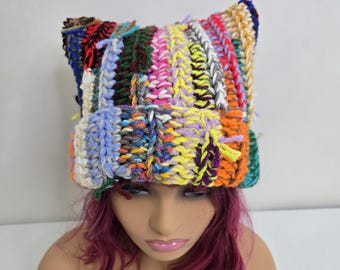 Scrap Yarn Crochet Cat Beanie: Multicolor Funky Beanie