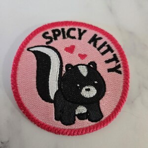 May include: A pink and red embroidered patch with a cartoon skunk and the text "Spicy Kitty".