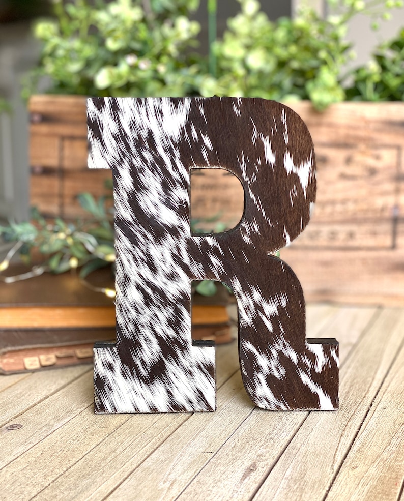 7 Freestanding Genuine Cowhide Initial Letter Monogram Wedding Anniversary Gift Western Ranch Decor Mother's Day Valentine's Gift image 1