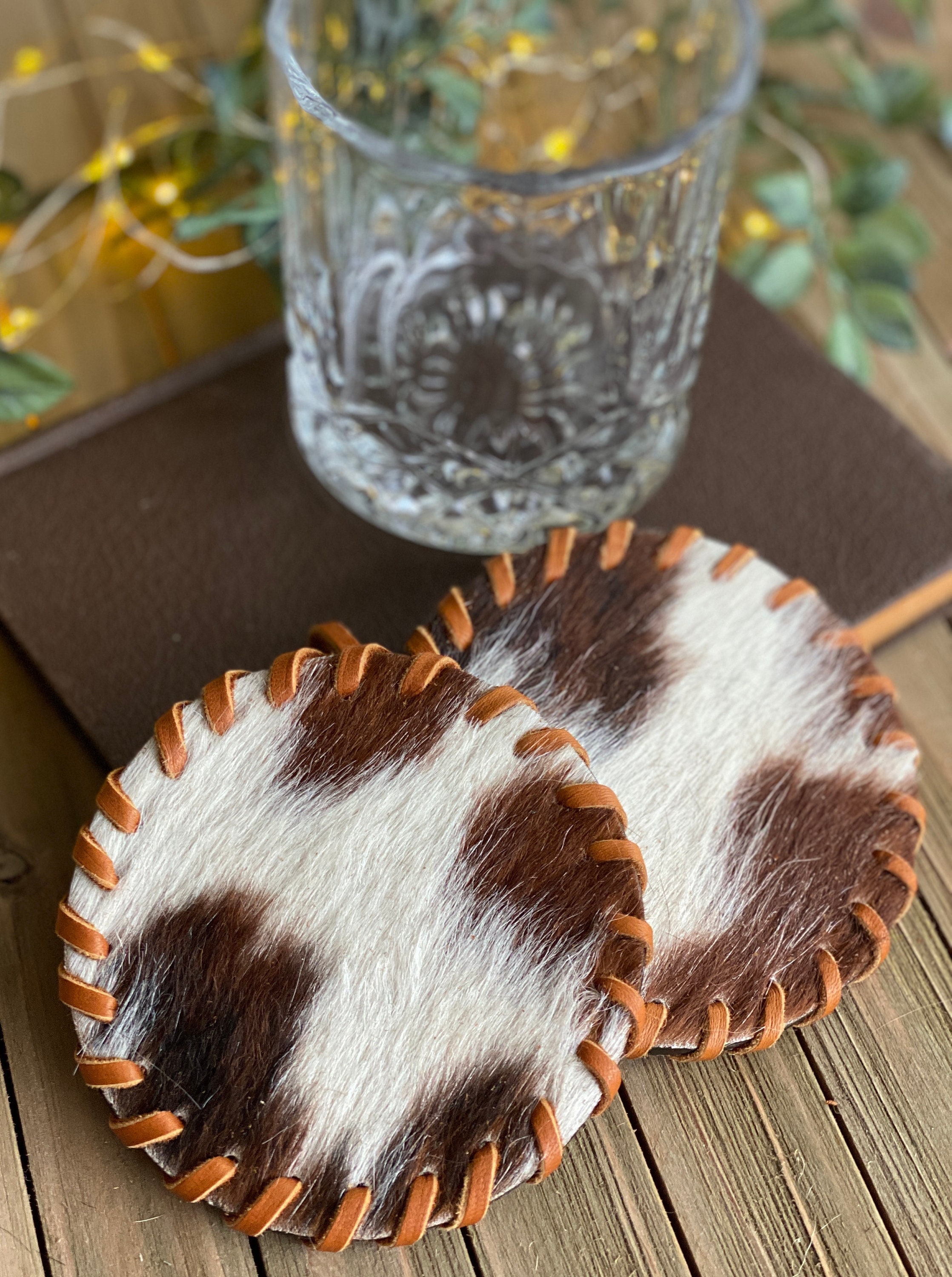 Genuine Cowhide Coaster Set of 2 Gift for Her Gift for Him Wedding Gift  Housewarming Gift Anniversary Gift Western Decor Set 211 