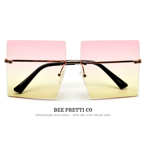 Sultree | Oversized Rimless Square Sunglasses with Studded Accents | Trendsetting Chic Fashion Gift for Her | BeePrettiCo