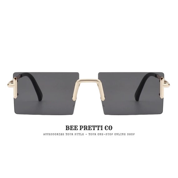 Raybeams | Rimless Rectangular Sunglasses | 90s Inspired Metal Frame Eyewear | Lightweight Retro Fashion Shades | BeePrettiCo