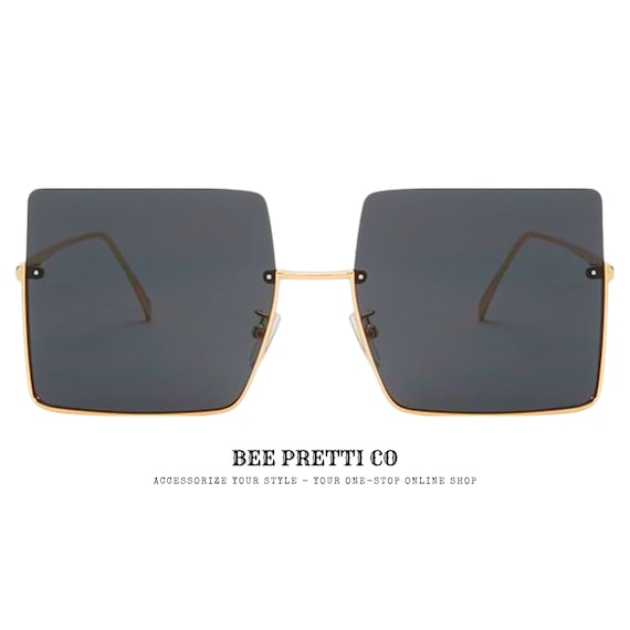 Magnetic | Oversized Square Half Rimless Sunglasses | Gold Frame Statement Eyewear | Lightweight Chic Style | BeePrettiCo