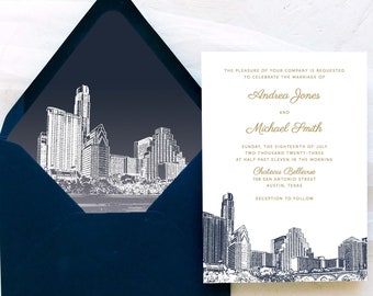 Austin Wedding Invitation Suite - Austin Skyline | Texas Wedding- Navy and White