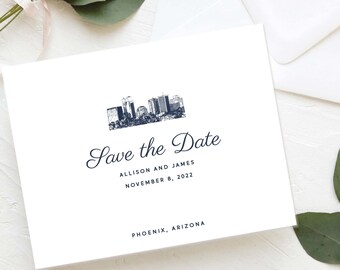 Save the Date Card - Phoenix | Arizona Wedding - City Skyline Save the Date - Navy and White