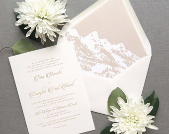 Mountain Wedding Invitation Suite - Mountain Lined Envelope - Ivory and Taupe Wedding Invitations