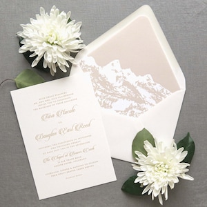 Mountain Wedding Invitation Suite - Mountain Lined Envelope - Ivory and Taupe Wedding Invitations