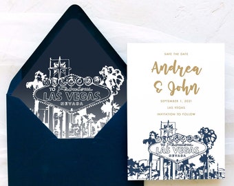 Las Vegas Skyline Save the Date Cards - A7 Size - Las Vegas Wedding Invitation Suite - Welcome Sign - Save the Date - PRINTED