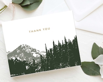 Tarjeta de agradecimiento de montaña - Juego de tarjetas de notas de montaña y árboles - Verde cazador y dorado