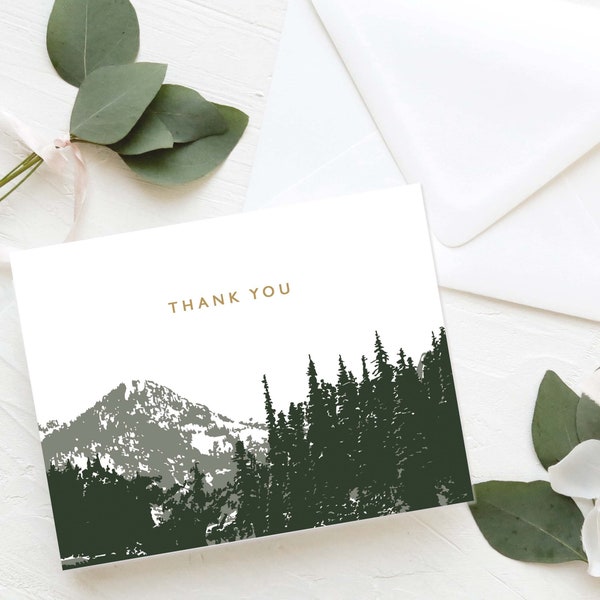Mountain Thank You Card - Mountain and Trees Note Card Set - Hunter Green and Gold