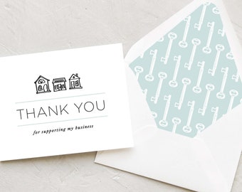 Realtor Thank You Greeting Card Set - Real Estate / Home Note Set - Vintage Key - Thank You for Supporting My Business