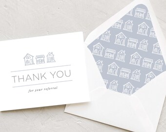 Thank You For Your Referral - Realtor Greeting Card - Blue & Grey - Sets of 10 - SKETCHED HOUSES
