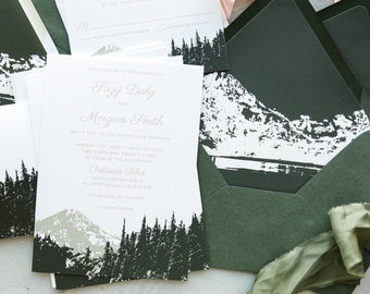 Mountain Wedding Invitation Suite - Mountain | Trees | Lake | Outdoor Wedding Invites - Lake Tahoe - Green and Pink