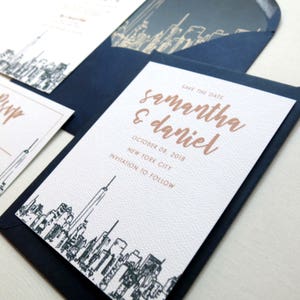 New York City Skyline Wedding Invitation Suite NYC Freedom Tower Navy and Gold image 2