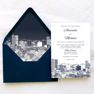 Denver Skyline | Wedding Invitation Suite - Denver, Colorado - Navy and White
