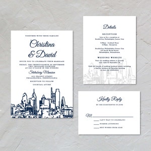 Philadelphia Wedding Invitation Suite Philadelphia Skyline Navy and White SAMPLE image 4