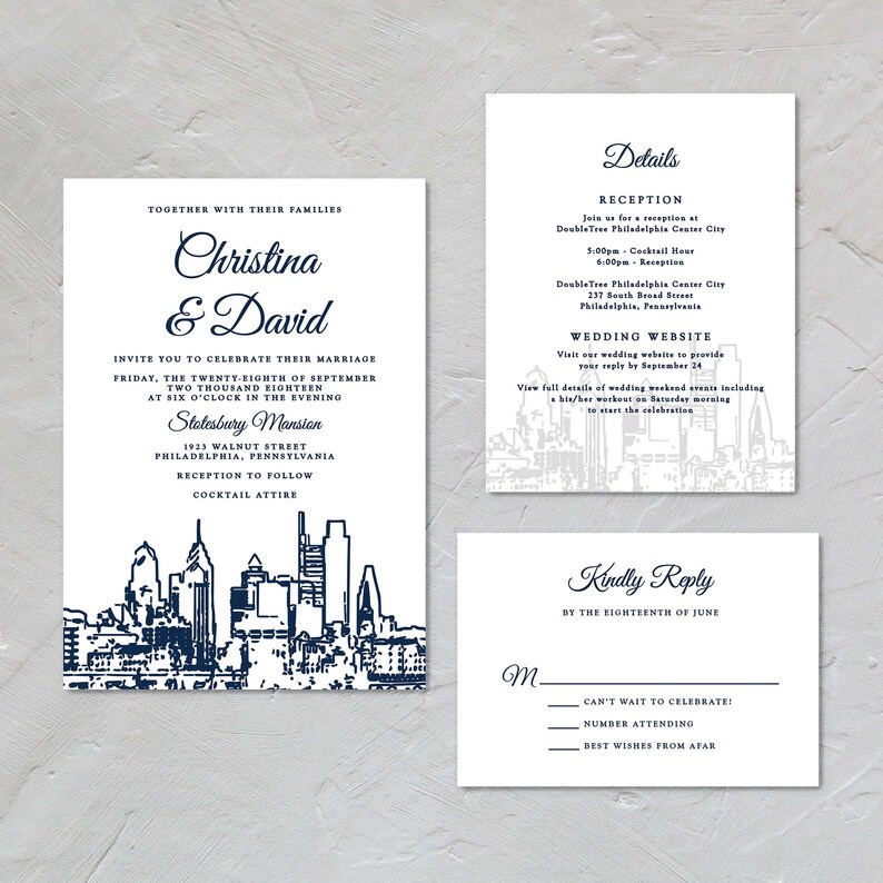 Philadelphia Wedding Invitation Suite Philadelphia Skyline Navy and White SAMPLE image 4