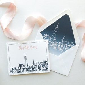 New York City Skyline Thank You Notes - NYC Skyline Thank You Cards - NYC Invitation Suite Thank You Notes - Navy and Blush 1