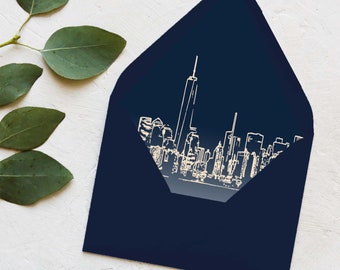 Lined Envelopes - New York City (NYC) Skyline - A2 Size (Fits 4.25"x5.5" Cards) - Navy and Champagne Gold