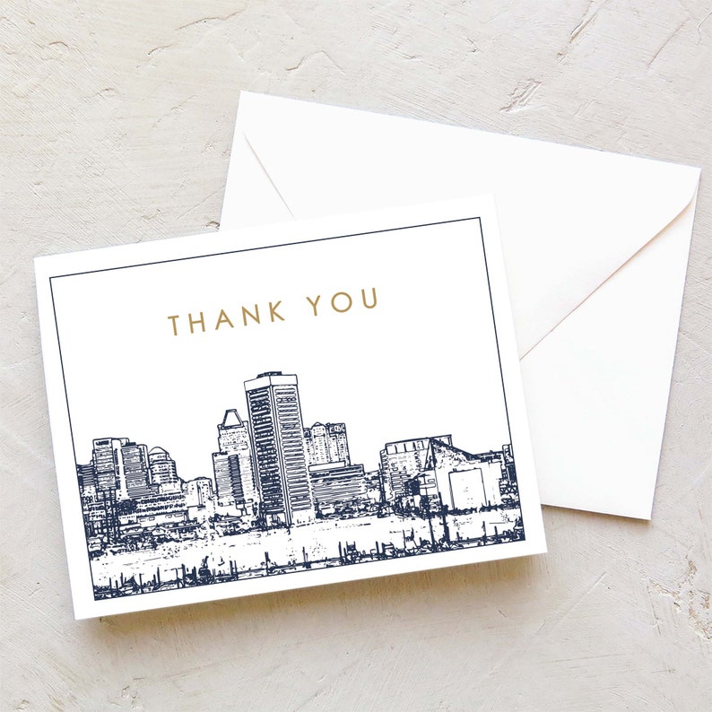 Baltimore Skyline Thank You Card Baltimore Maryland Note Cards Personal Stationery image 1