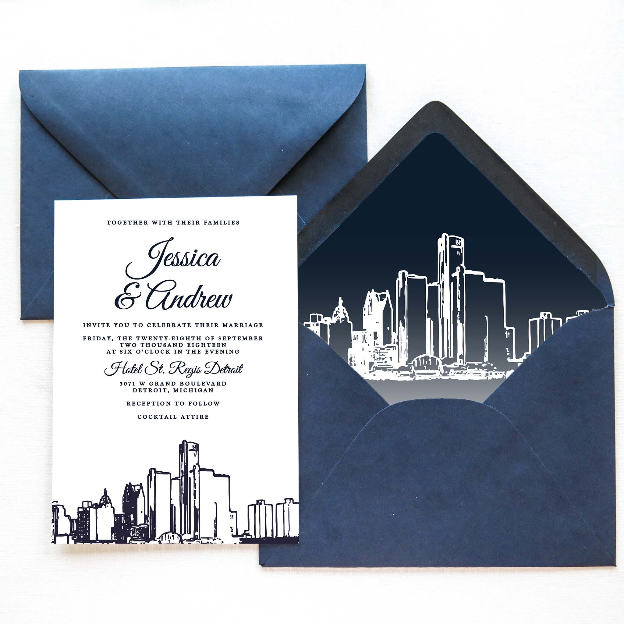 Detroit Wedding Invitation Suite Detroit Michigan Skyline Etsy