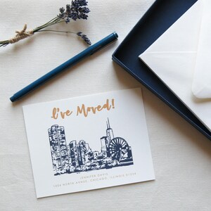 Change of Address - Chicago - Chicago Skyline - Moving Announcements - Navy and Gold