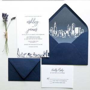 Chicago Skyline Wedding Invitation Suite - Chicago Line Art Skyline - Navy and White