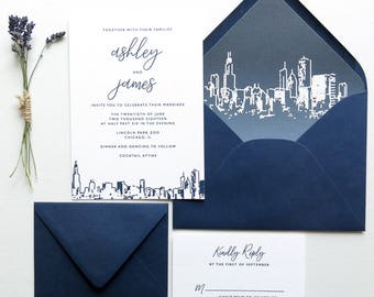 Chicago Skyline Wedding Invitation Suite - Chicago Line Art Skyline - Navy and White