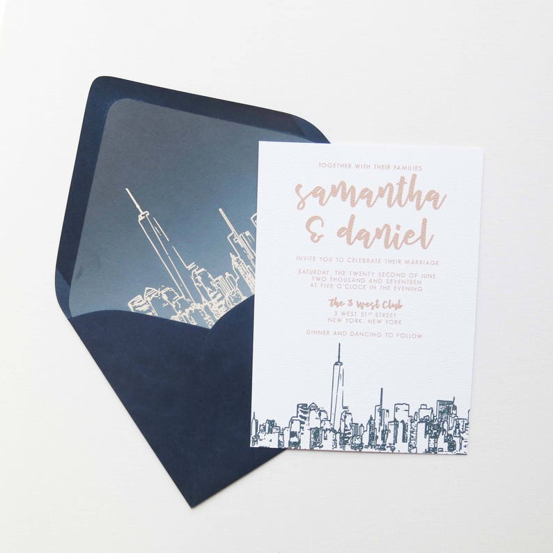 New York City Skyline Wedding Invitation Suite NYC Freedom Tower Navy and Gold image 3