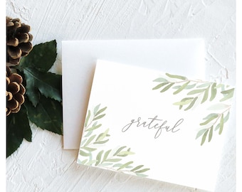 Grateful / Thankful Card - Business, Professional, Classic Thank You Greeting - Watercolor Olive Branches - Grateful Grey Script