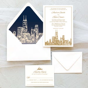 Chicago Skyline Wedding Invitation Suite - Hancock Building Framed - Navy and Gold