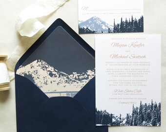 Mountain Wedding Invitation Suite - Mountain | Lake | Outdoor Wedding Invites - Lake Tahoe - Navy & Gold