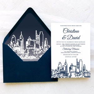 Philadelphia Wedding Invitation Suite Philadelphia Skyline Navy and White SAMPLE image 1