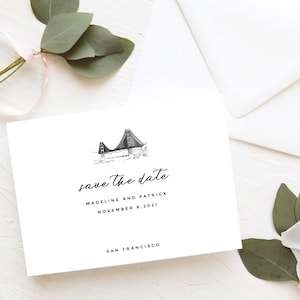 Save the Date Card - San Francisco | Golden Gate Bridge Wedding - City Skyline Save the Date - Elegant Black and White