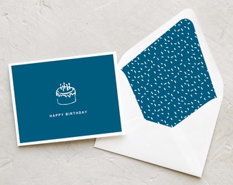 Happy Birthday Greeting Card BLANK Set of 10 Cards - Birthday Cake and Candles - Blue