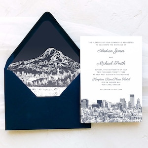 Portland Wedding Invitation Suite - Portland Skyline | Oregon Wedding- Navy and White