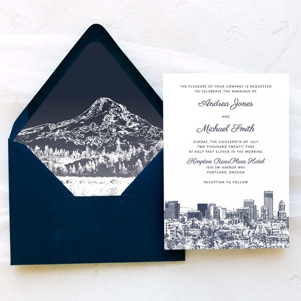 Portland Wedding Invitation Suite - Portland Skyline | Oregon Wedding- Navy and White