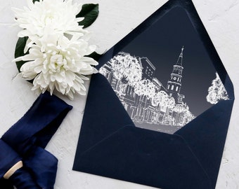 Charleston Skyline - Lined Envelopes - Invitations | Wedding - Navy and White