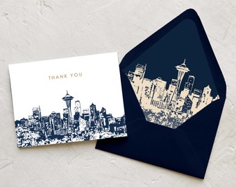 Seattle, Washington Thank You Notes - Seattle Skyline Thank You Cards - Seattle Invitation Suite Thank You Notes - Navy and Gold