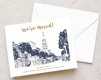 Charleston Moving Announcement - Charleston | South Carolina Skyline Change of Address - Moving Cards - Navy and Gold