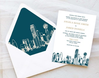 Dallas Wedding Invitation Suite - Dallas Skyline / Texas Wedding Lined Envelope - Wedding Invitations