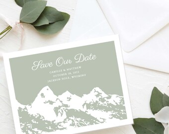 Save the Date Card - Simple Mountain Wedding - Teton Mountain Range - Sage Green