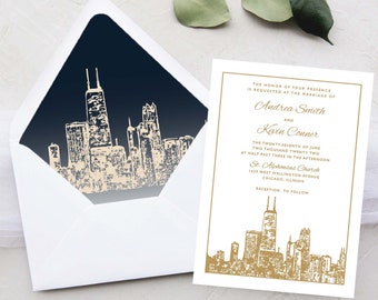 Chicago Skyline Wedding Invitation Suite - Hancock Building Framed - Navy and Gold