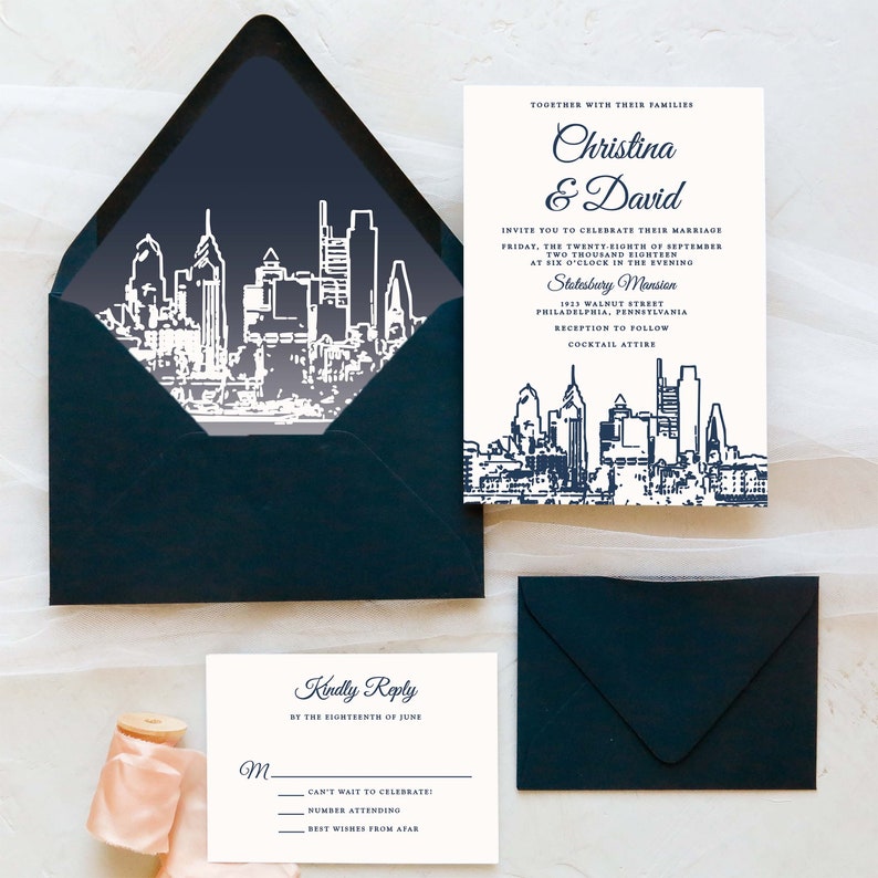 Philadelphia Wedding Invitation Suite Philadelphia Skyline Navy and White SAMPLE image 2