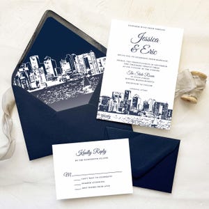 Boston Wedding Invitation Suite - Boston Skyline - Wedding Invitations - Navy and White - SAMPLE