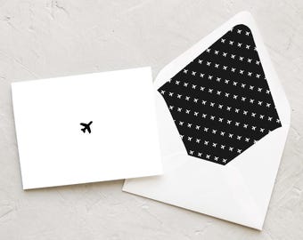 Airplane Note Cards - Aviation / Pilot / Travel Stationery - Set of 10 Fold Over Cards and Lined Envelopes - Airplane Filled BLACK