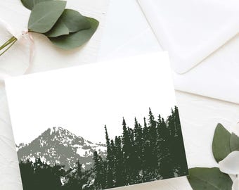 Mountain and Trees Note Card Set - Hunter Green - Any Occasion - No Message - Blank