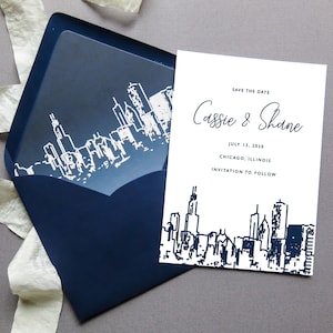 Chicago Skyline Save the Date - Printed Navy and White Wedding Chicago Save the Date Cards