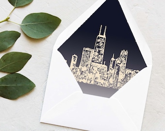 Chicago Skyline | Hancock Building - Lined Envelopes - Invitations | Wedding - Navy and White